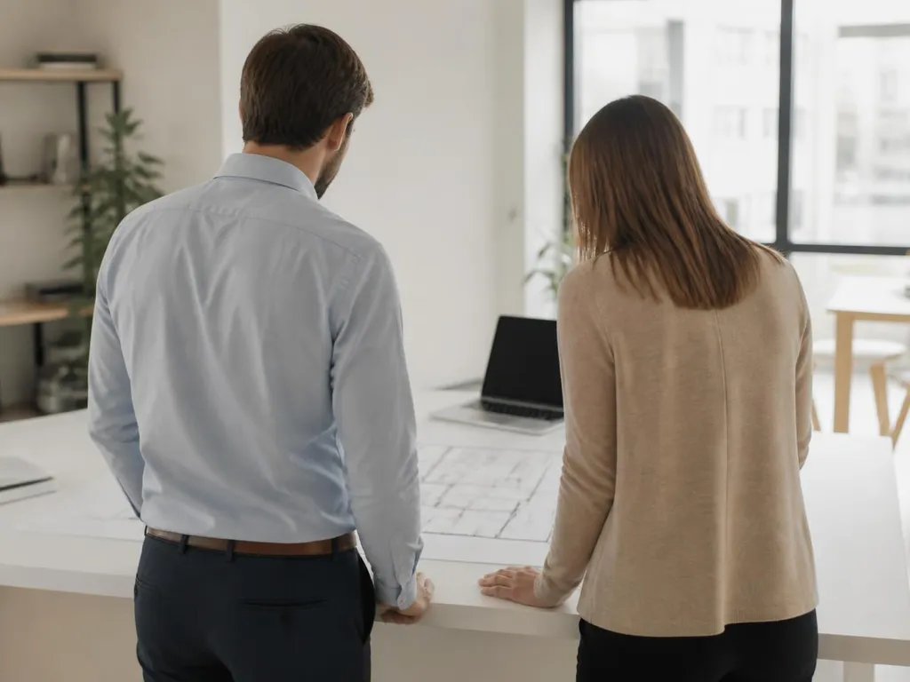 Des professionnels de l’immobilier examinent un plan d’appartement sur une table blanche